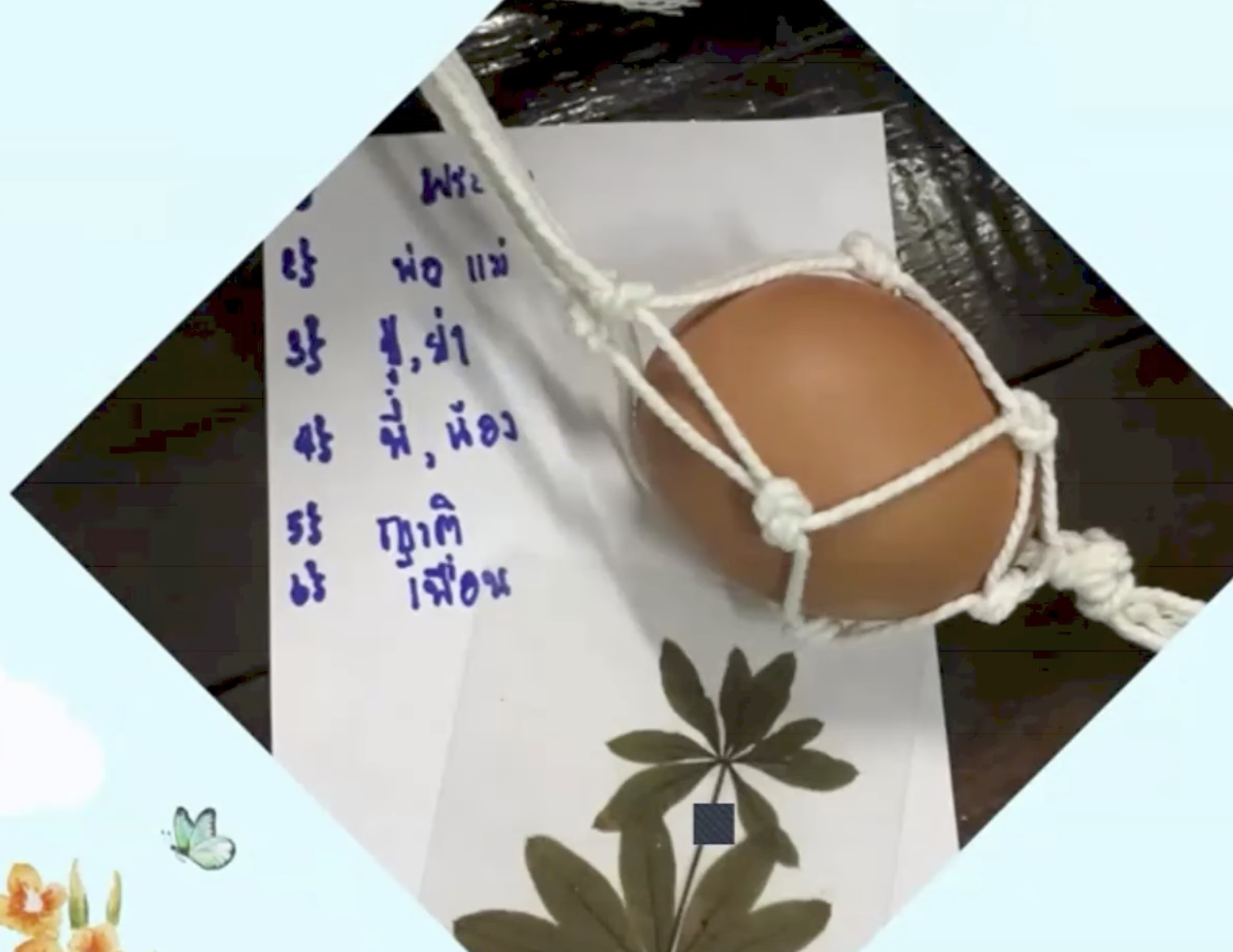 An egg in a string net beside a list naming the people who protect us